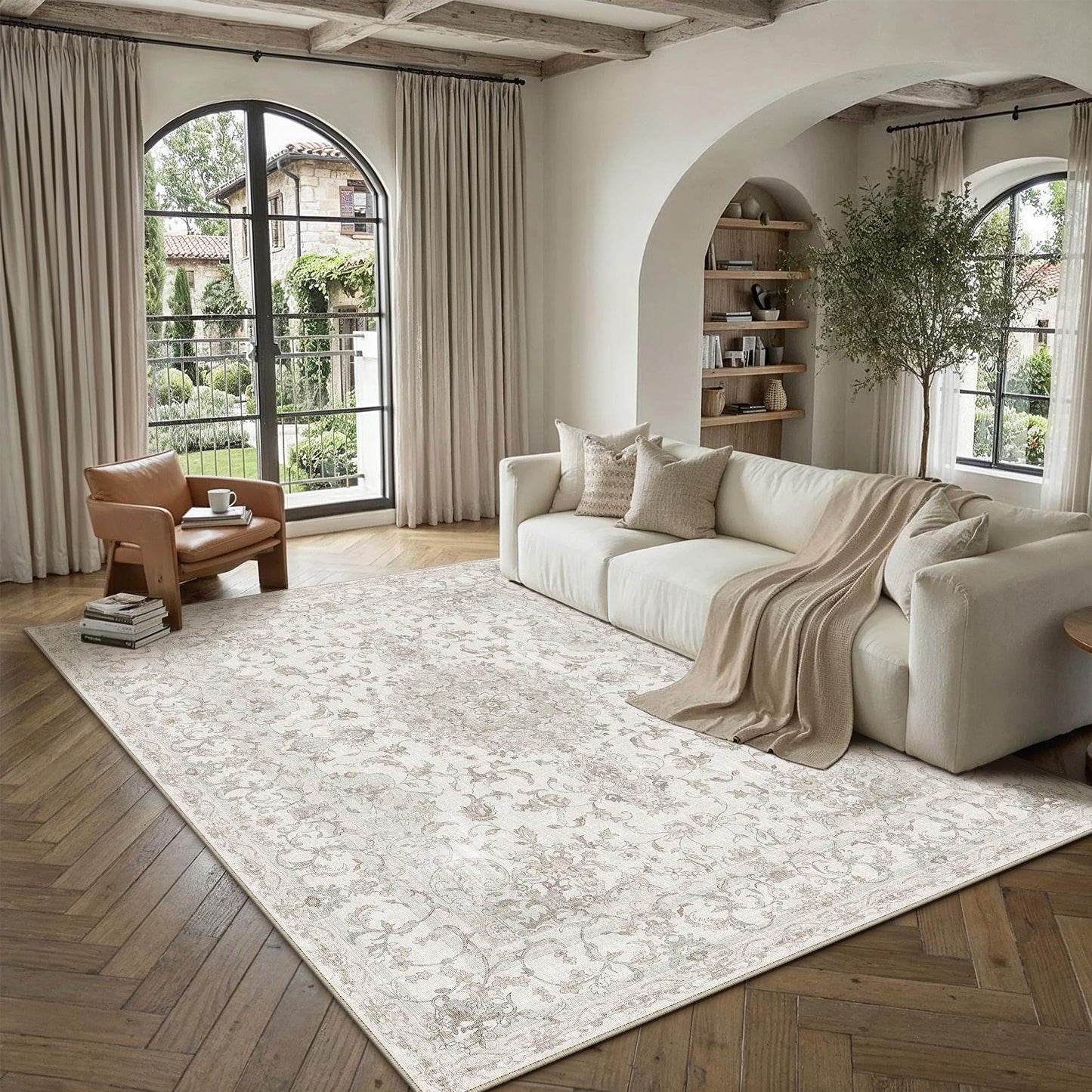 HUGEAR Area Rug 8x10 Vintage Beige Machine Washable Living Room Rugs Thin Neutral Floral Vacuumable Low Pile Carpet Bedroom Office Dining Room Laundry Room Non Slip Soft Lightweight