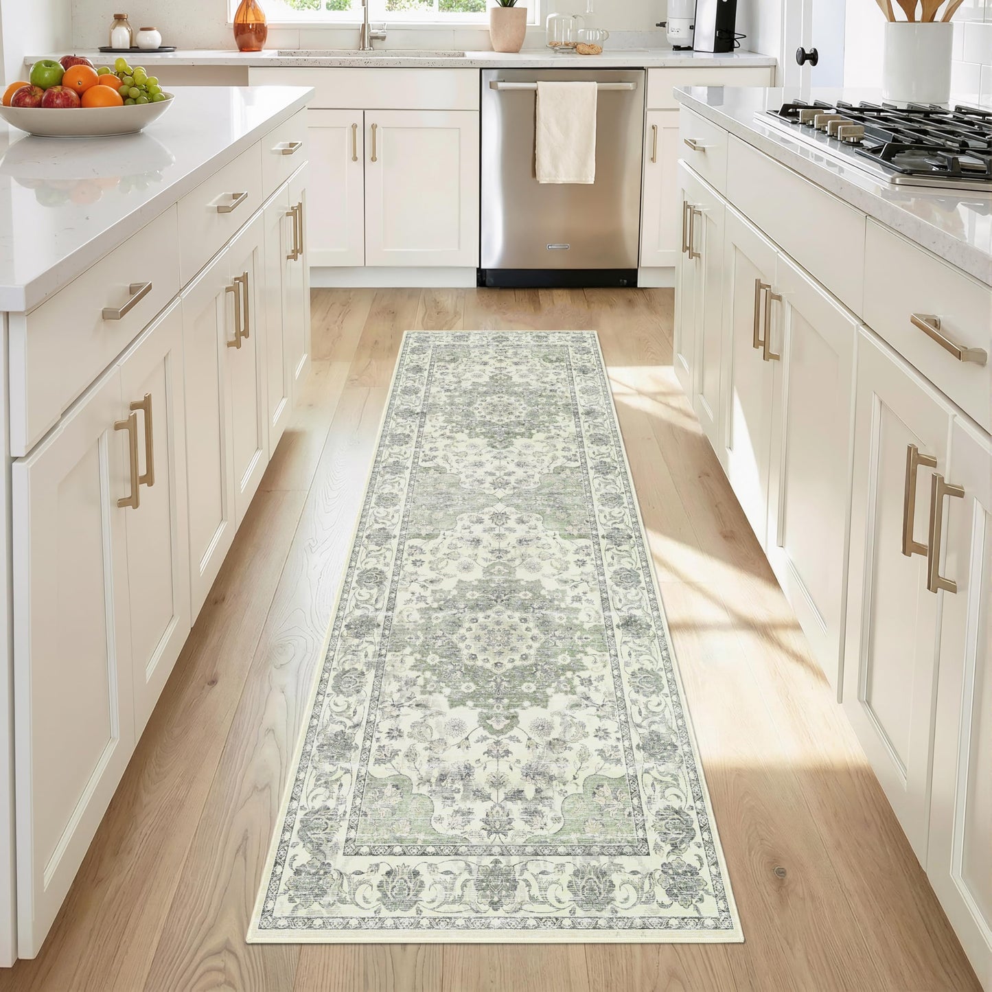 EiniHliw Sage Green Washable Hallway Runner Rug - 2x6 Kitchen Rug Distressed Low Pile Mats Non Slip Soft Rugs for Dining Room with Rubber Backing Bedroom Runner with Vintage Design (Green 2x6)