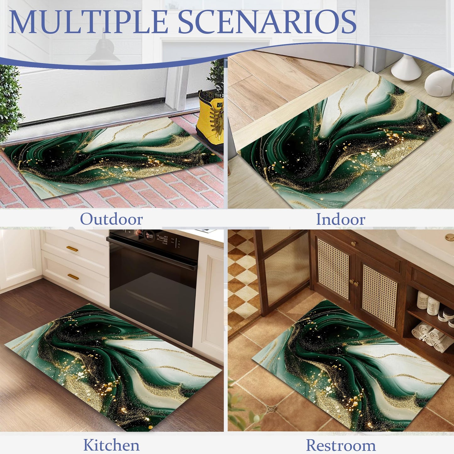 Green Gold Marble Welcome Mat,Modern Abstract Indoor Rugs for Entryway,Anti-Slip Low Profile Doormats Porch Mats for Front Door Stairway Rug Living Room Floor Mat 30 x 17 Inch