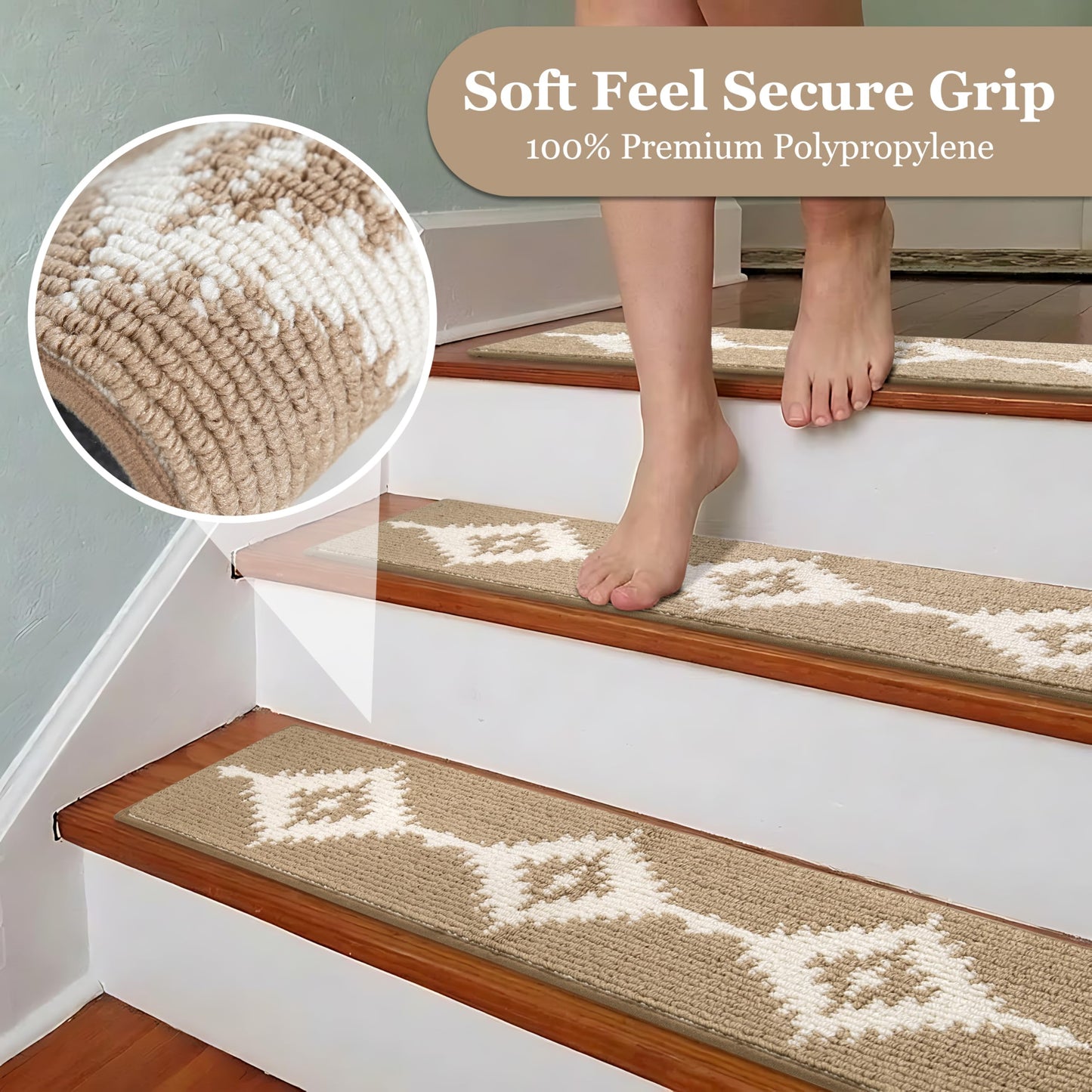 TANVILL Stair Treads for Wooden Steps, Non-Slip Peel and Stick Carpet Stair Runner, Boho Pet Friendly Indoor Stair Protectors, Soft Washable Reusable,8x30 15Pcs,Brown