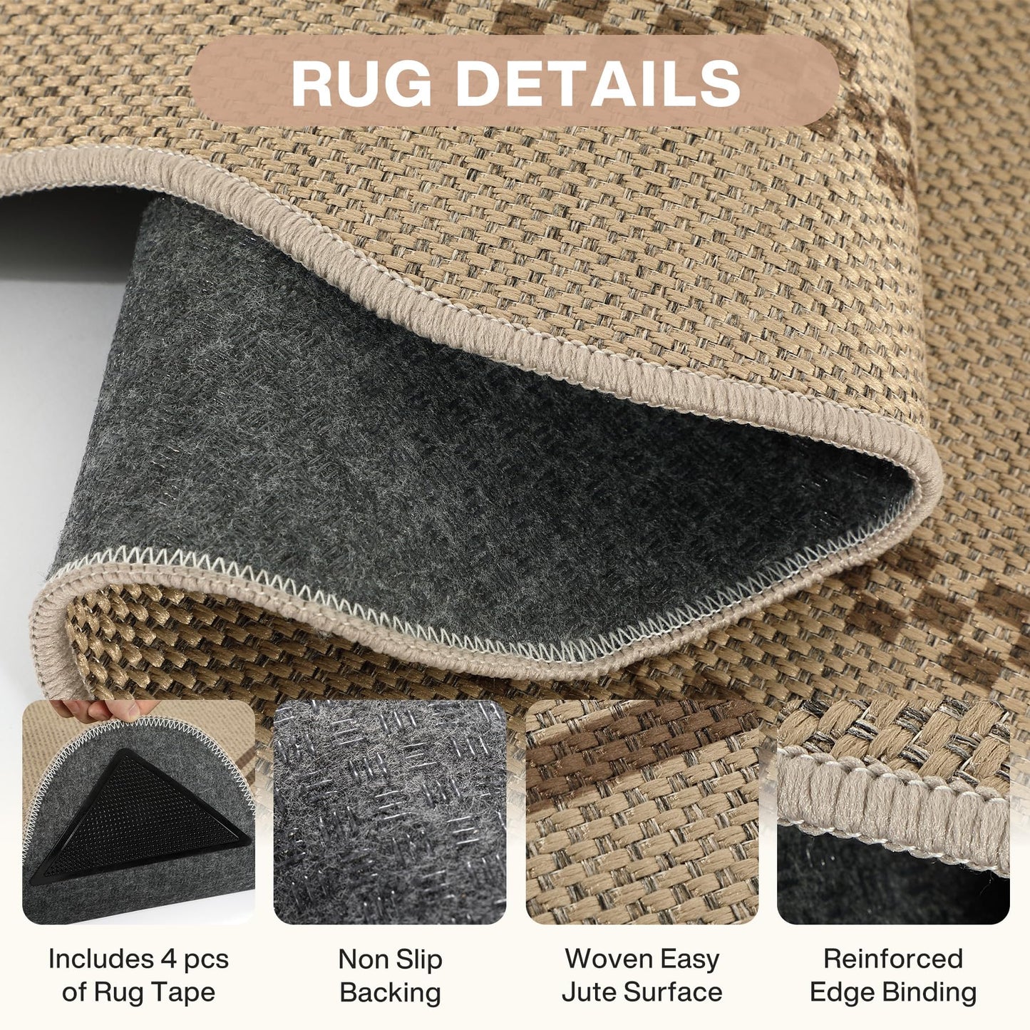 Tribesigns Scalloped Easy Jute 3x5 Indoor Outdoor Patio Rug, Tan/Striped Washable Non-Slip Kitchen Area Rugs for Entryway Door, Farmhouse Modern Carpet for Living Bedroom Office