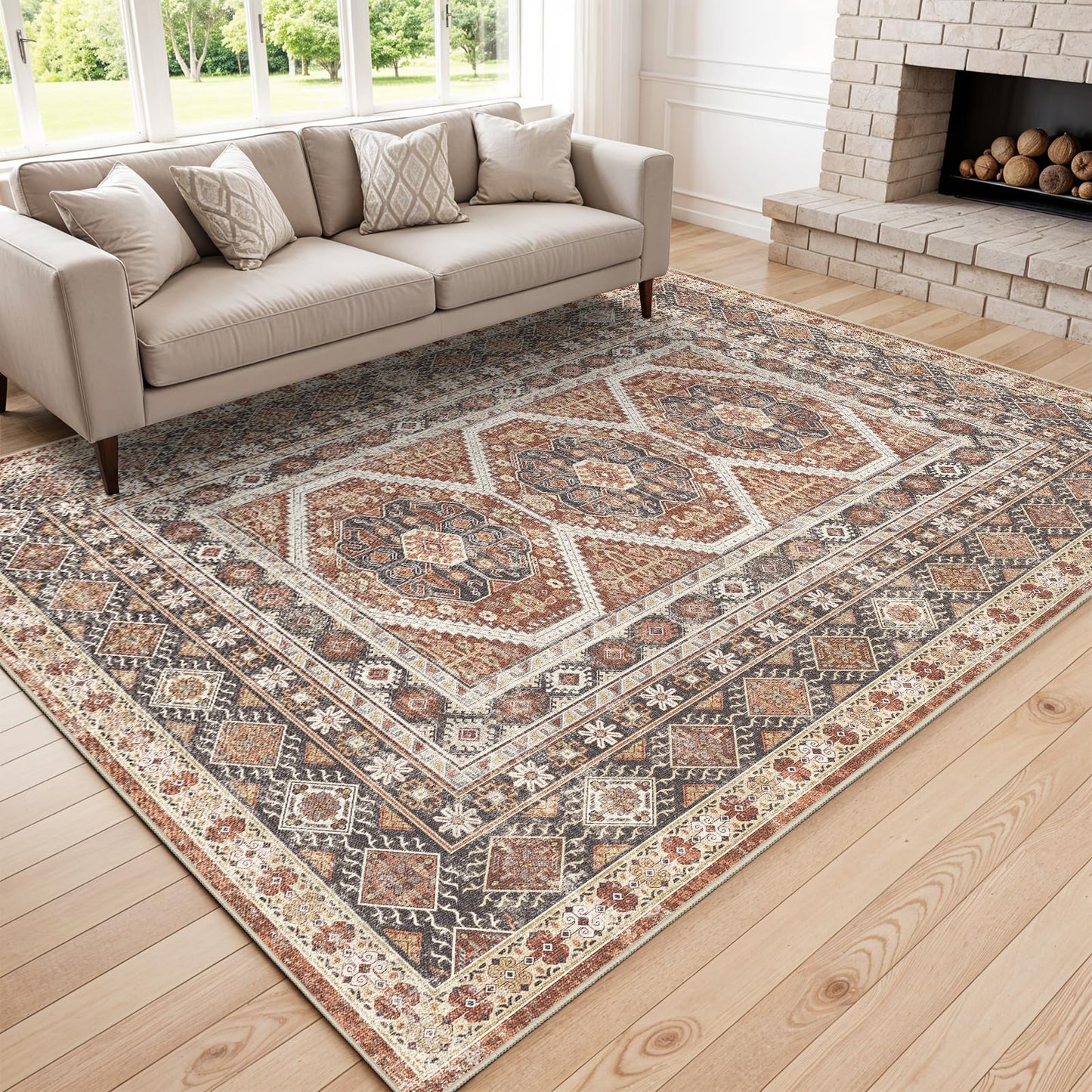6x9 Area Rugs for Living Room:Washable Oriental Rug for Bedroom Dining Room Carpet 6 by 9 Indoor Non Slip Rubber Backing Neutral Nursery Dorm Home Office Kids Beige (Brick, 6x9)