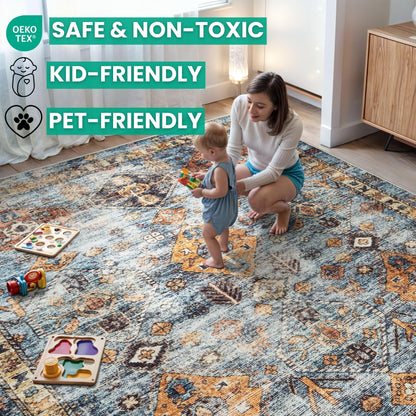 Bloom Rugs Washable Non-Slip 5' x 7' Rug - Blue/Orange Traditional Bordered Area Rug for Living Room, Bedroom, Dining Room, and Kitchen - Exact Size: 5' x 7'