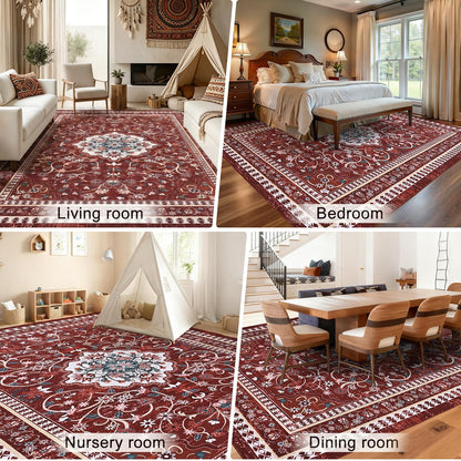 BLEUM CADE 5' x 7' Red Boho Rugs for Living Room, Washable Low Pile Non-Slip Area Rugs for Bedroom Dining Room Kitchen Classroom Office Nursery Playroom