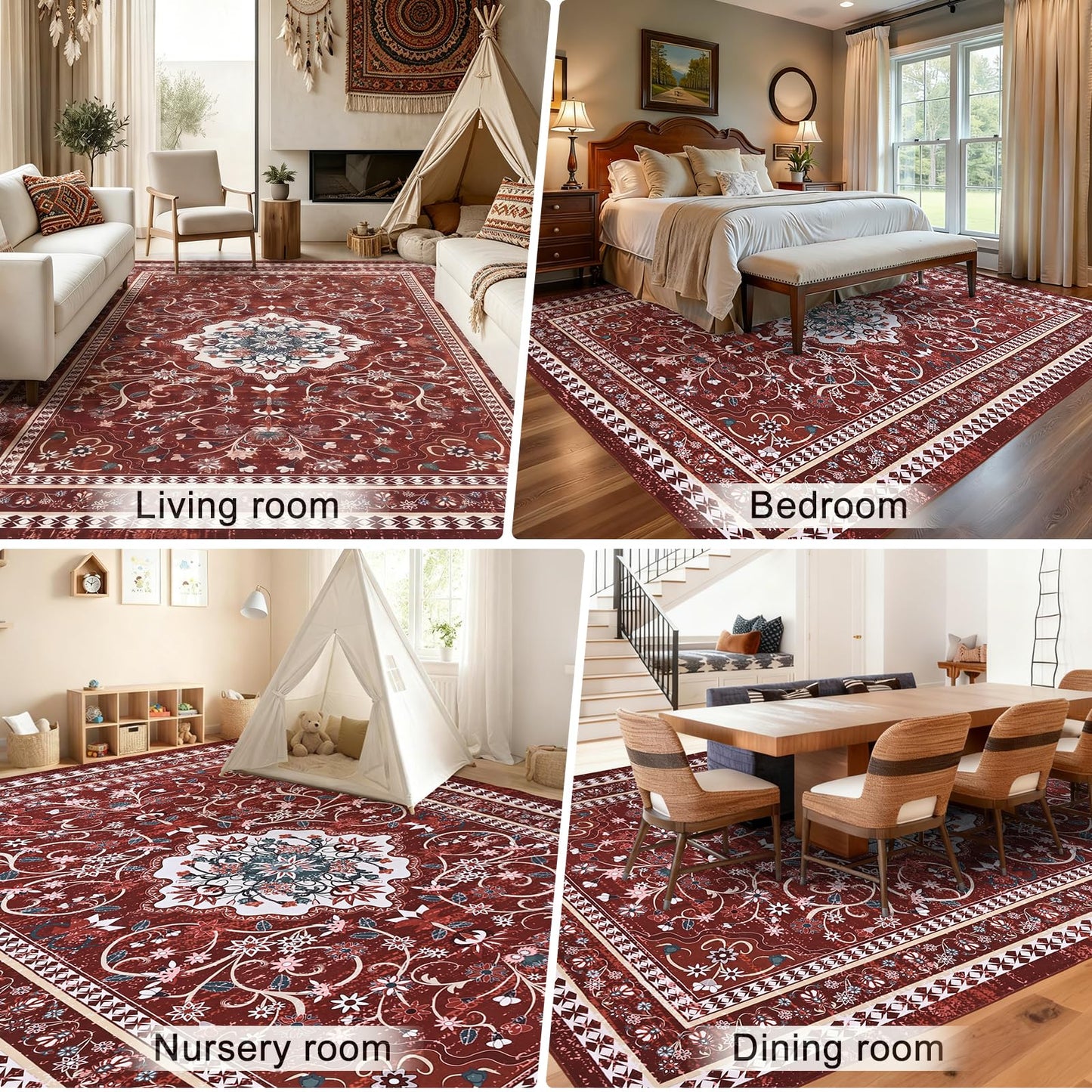 BLEUM CADE 8' x 10' Red Boho Rugs for Living Room, Washable Low Pile Non-Slip Area Rugs for Bedroom Dining Room Kitchen Classroom Office Nursery Playroom