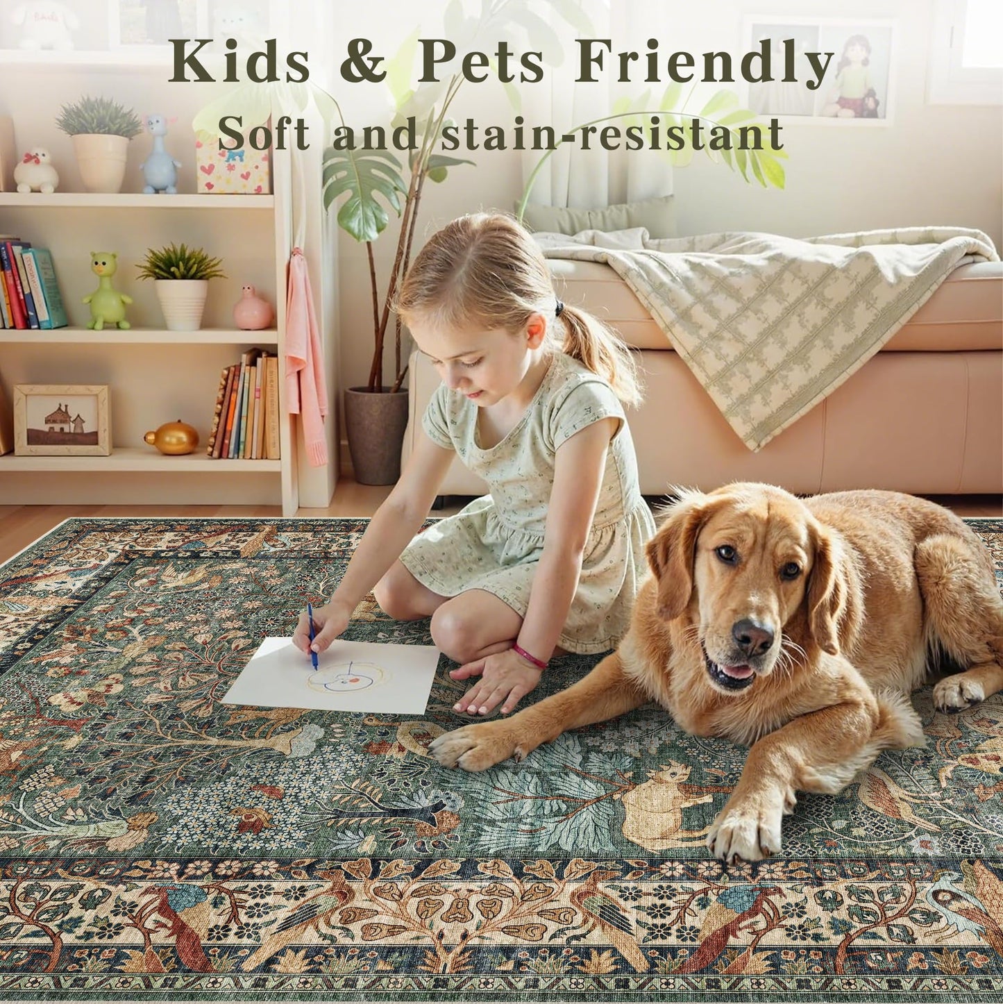 8x10 Green Boho Area Rug, Vintage Jungle Animal Print Large Washable Rug, Non Slip Low Pile Stain Resistant Carpet, Large Floor Rug for Living Room Farmhouse Dining Room Kids Playroom