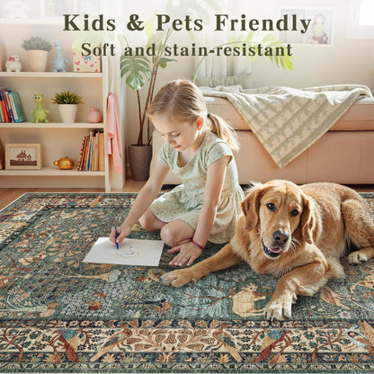 8x10 Green Boho Area Rug, Vintage Jungle Animal Print Large Washable Rug, Non Slip Low Pile Stain Resistant Carpet, Large Floor Rug for Living Room Farmhouse Dining Room Kids Playroom