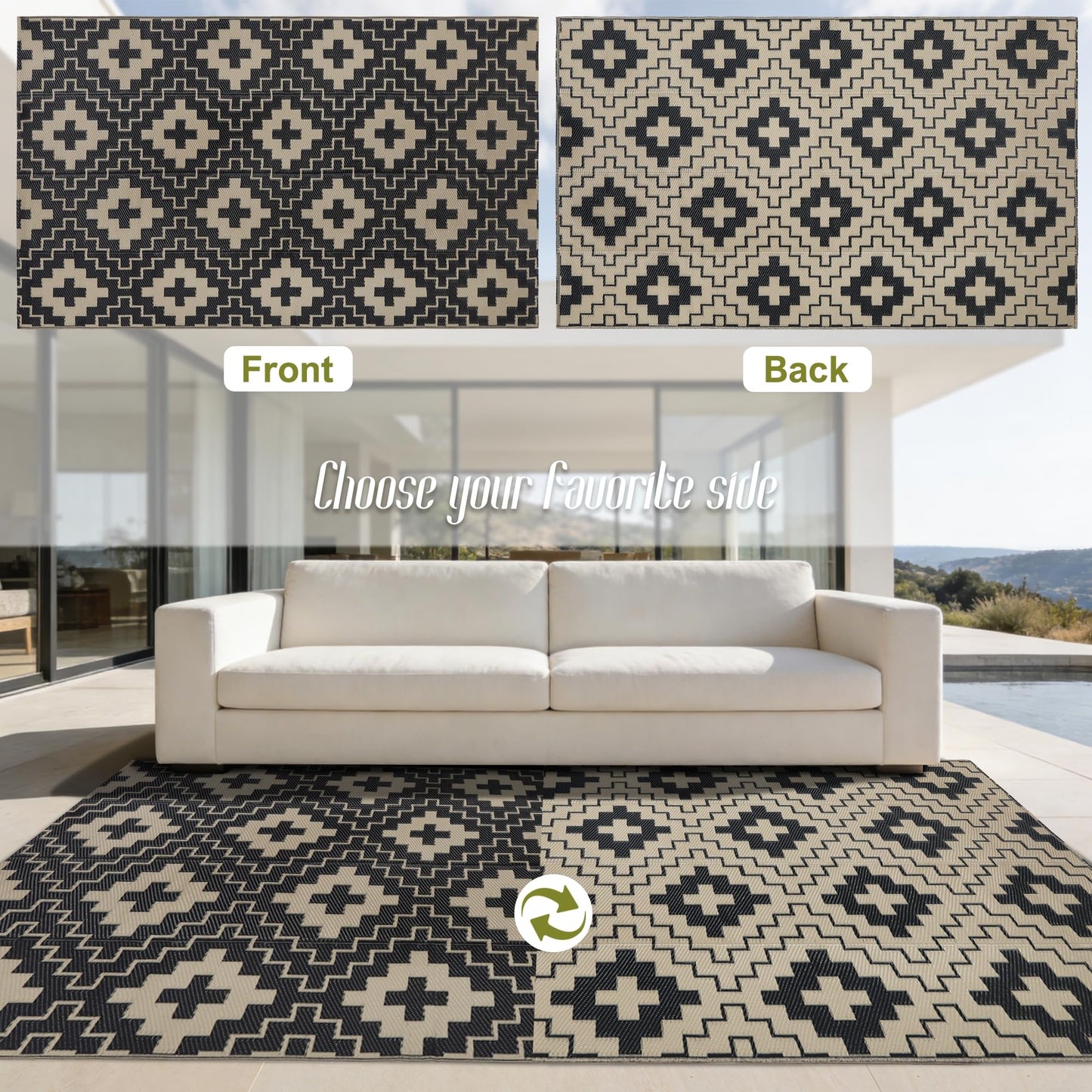 SAND MINE Waterproof Outdoor Rug 5x8 ft, Reversible Plastic Straw Area Rug, Large Floor Mat for Patio, Backyard, Deck, RV, Camping, Picnic, Beach, Balcony & Porch - Black & Beige