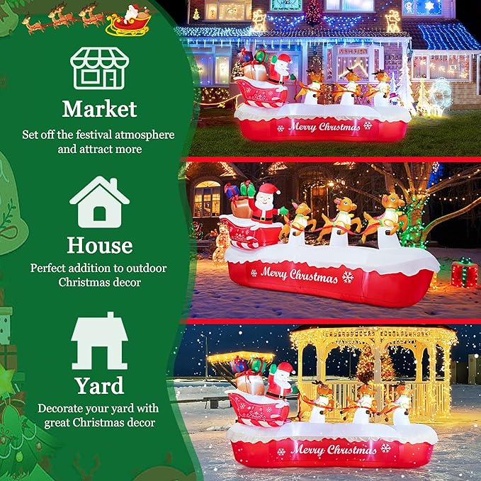 COOLWUFAN 10 FT Christmas Inflatables Outdoor Decorations Santa Claus on The Sleigh with Cute Elks, Blow Up Inflatable Yard Decoration Clearance with Lights for Christmas Party, Outdoor, Garden Lawn