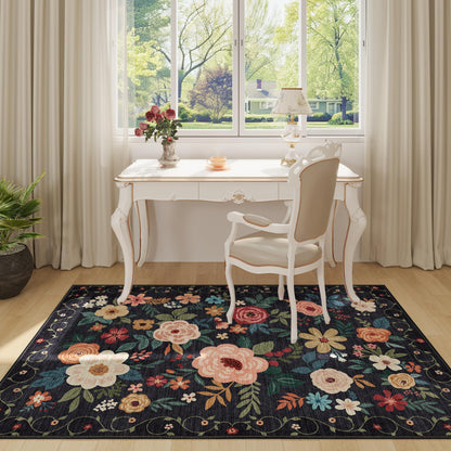 DUKINO 4x6 Feet Office Chair Mat, Lightweight Non Slip Washable Floral Area Rug, Indoor Low Pile & Non-Shedding Boho Design Rugs for Bedroom, Living Room, Dining Room, Black