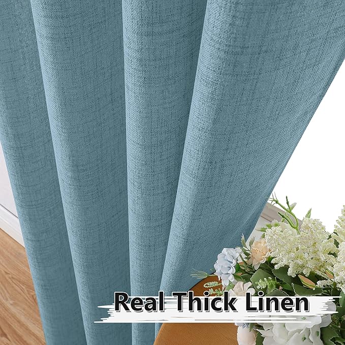 Tollpiz Short Linen Tier Curtains Rod Pocket Semi Sheer Half Kitchen Curtain Burlap Light Filtering Thick Linen Drapes for Bathroom, 30 x 24 inches Long, Dusty Blue, Set of 2 Panels