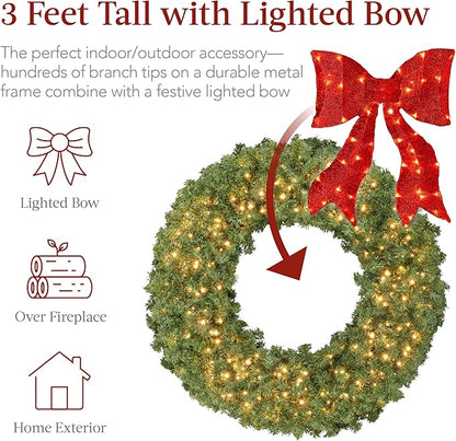 Best Choice Products 36in Large Artificial Pre-Lit Fir Christmas Wreath Holiday Accent Decoration for Door, Mantel w/Red Lighted Bow, 150 LED Lights, 300 PVC Tips, Power Plug-in