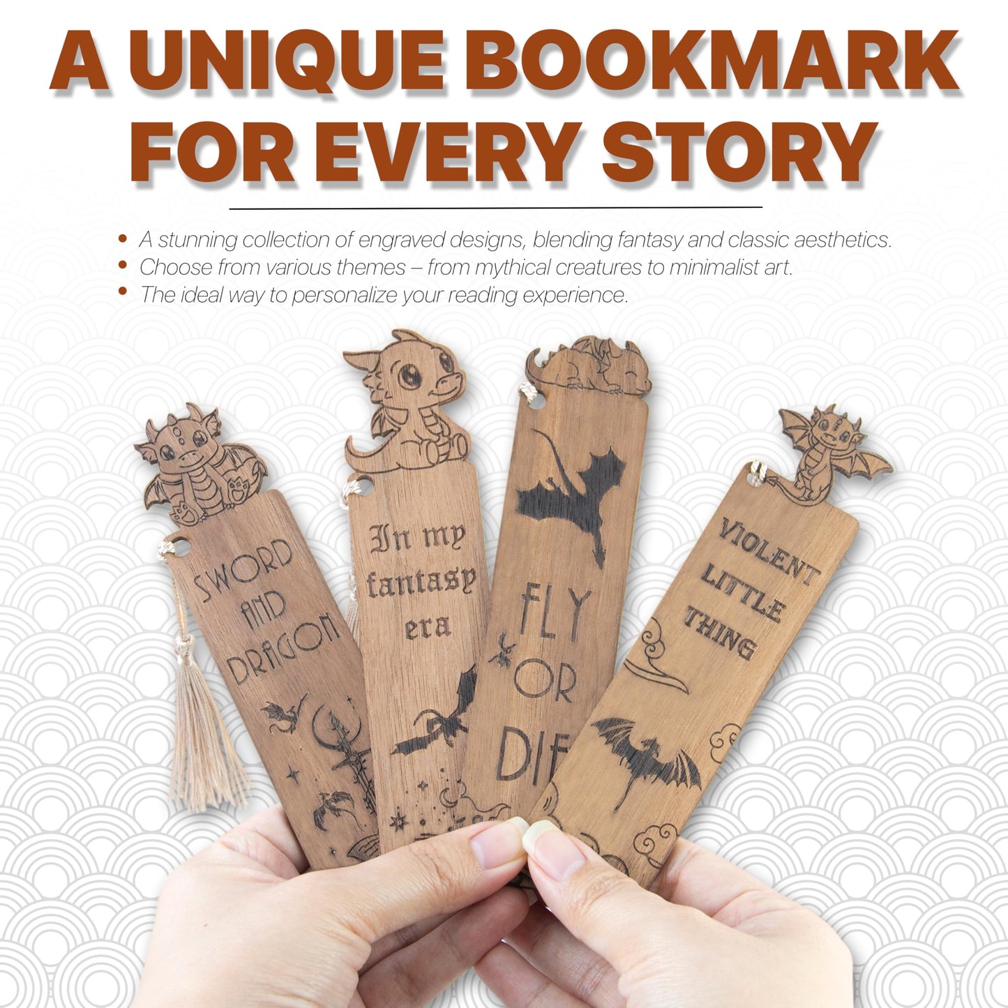 Dragon Bookmarks – Set of 4 Wooden Fantasy Bookmarks with Tassels, Made from Walnut Wood, Inspired by Mythical Dragons and Epic Adventures, Perfect for Book Lovers (Cute Dragon)