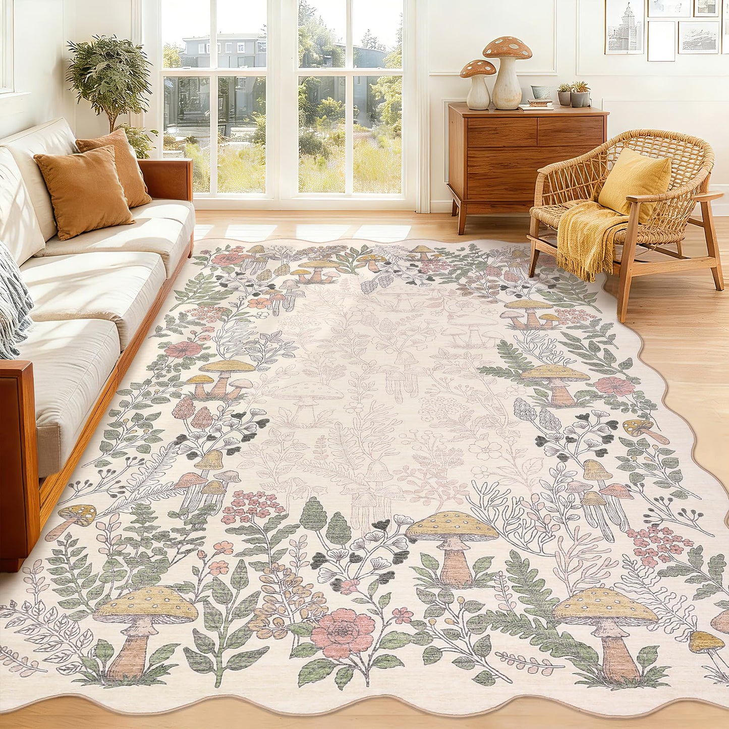Garvee Scalloped Washable Rug 5x7 Area Rugs for Living Room, Botanical Mushroom Rug for Bedroom, Low Pile Non Slip Throw Rugs Indoor Modern Carpet for Nursery Playroom Dining Room, Beige
