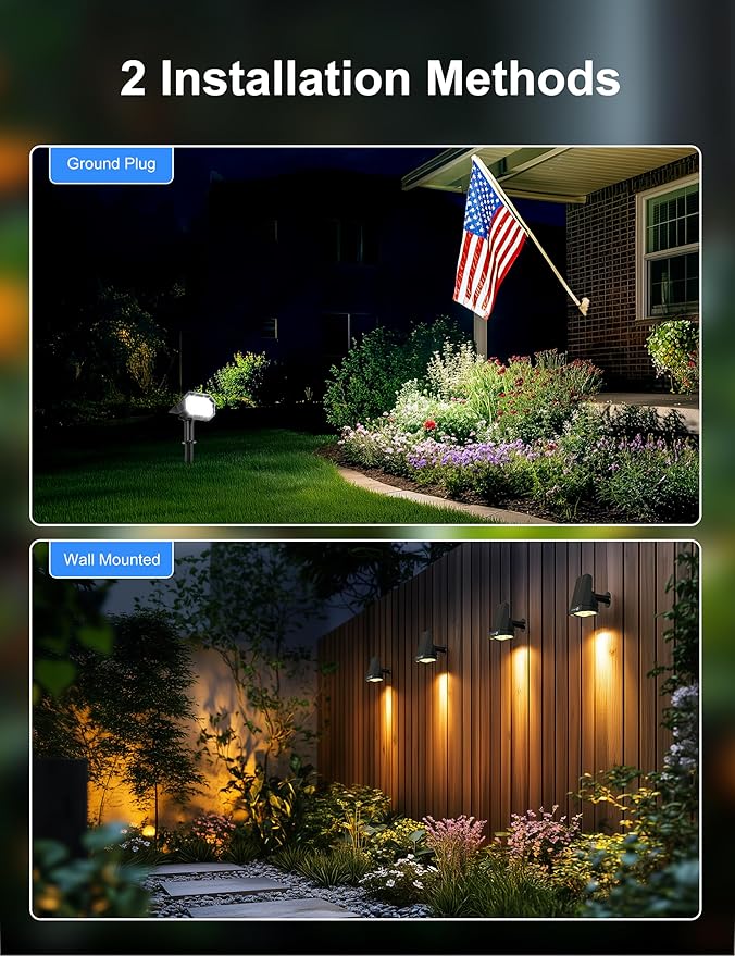 Brightown 6Pack Solar Spot Lights Outdoor [Cool & Warm Light 2-in-1], IP67 Solar Lights Outdoor Waterproof with 1800mAh, Two Mounting Methods Outdoor Solar Lights for Yard, Garden and Pathway
