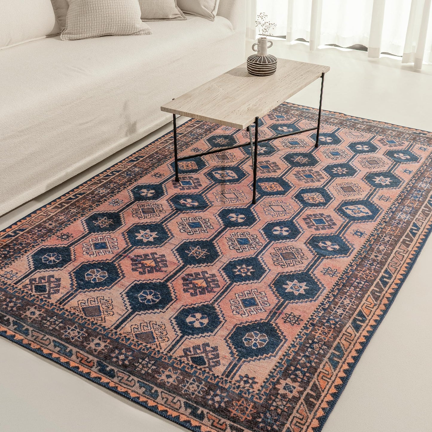 KNOTTING MATTERS Indiclay 5’ x 8’ Area Rug – Blush Pink & Deep Navy Heritage Flatweave, Low-Pile – Easy Clean Area Rug – Perfect for Living Room, Dining Room, Bedroom – Pet & Kid Friendly