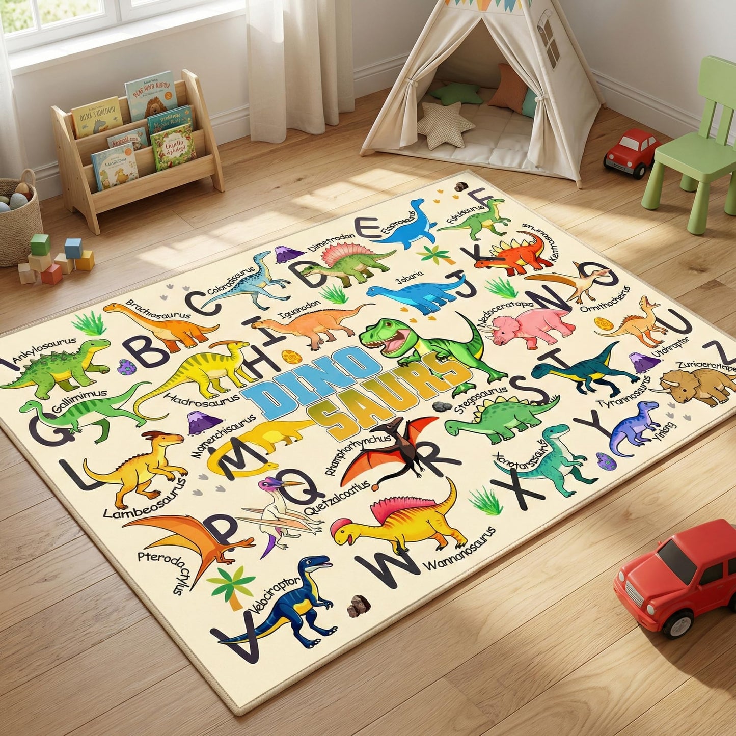 HBUFBUQ Dinosaur Area Rug with ABC Alphabet, Kids Rugs for Playroom 3x5, Non Slip Educational Play Mat for Bedroom Nursery Classroom, Toddler Learning Carpet