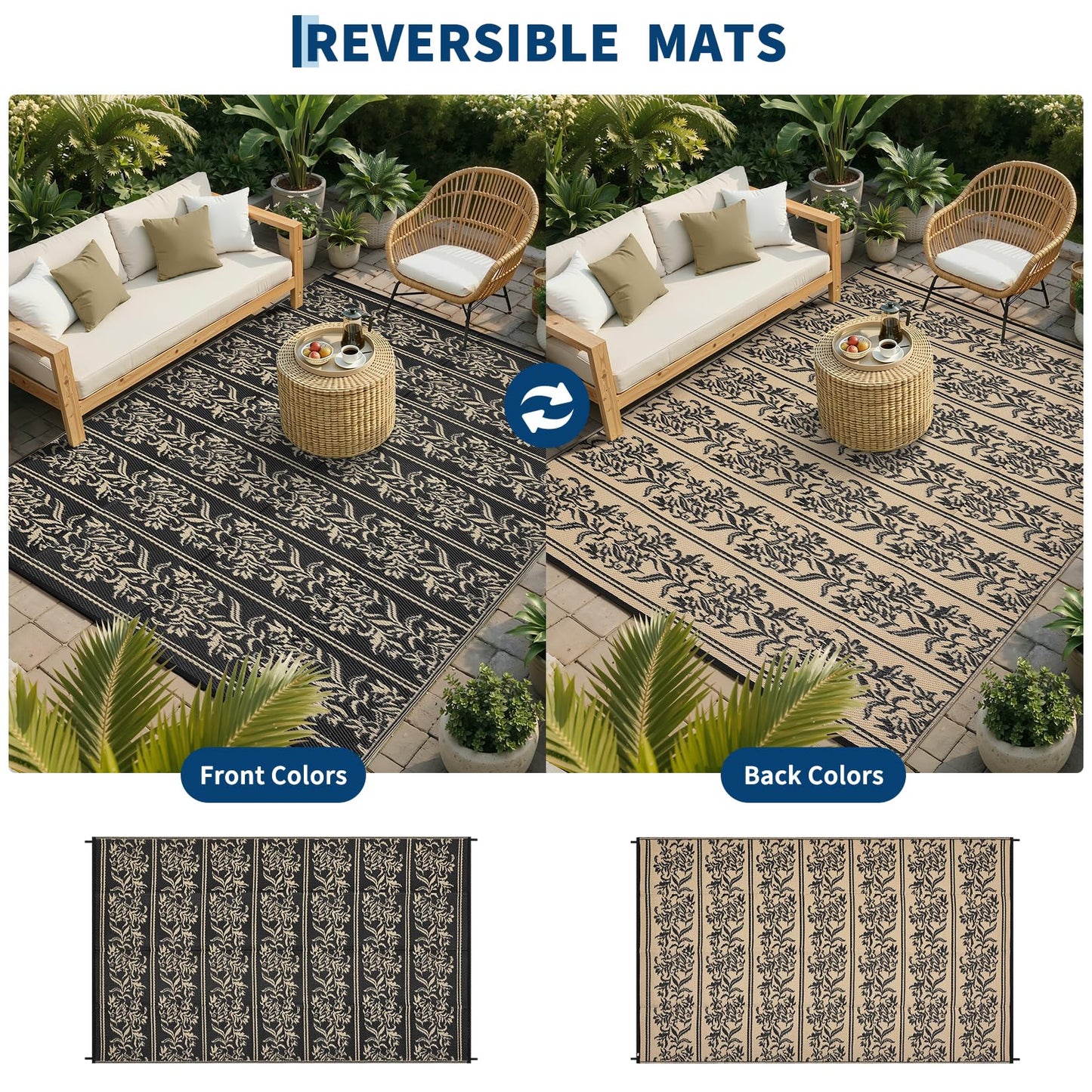 GarveeHome Outdoor Rug 9x12 Waterproof for Patio, Reversible Outdoor Plastic Straw Rug, Wallpaper Flower Indoor Outdoor Mat Carpet for RV, Camping, Deck, Backyard, Picnic, BlackCoffe