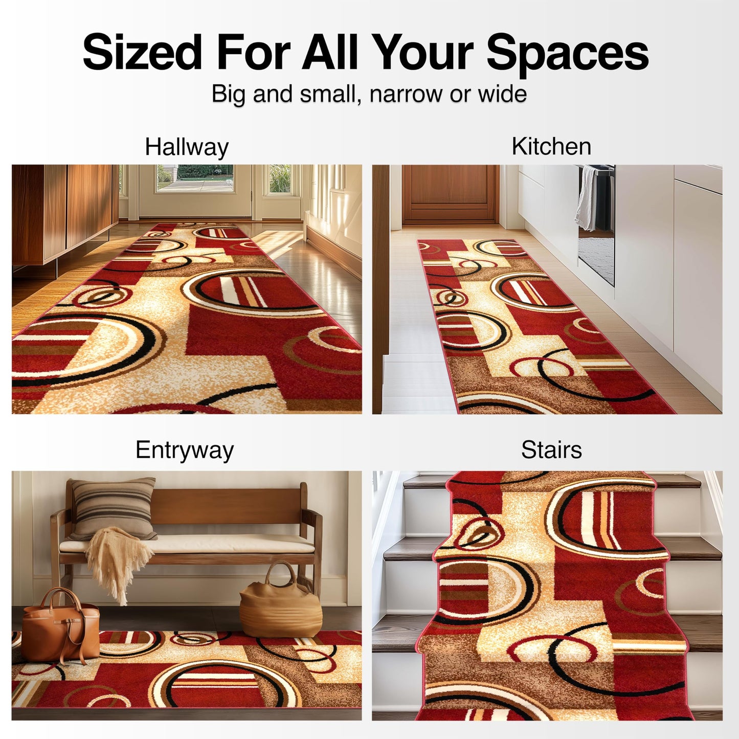 Well Woven Custom Size Hallway Stair Runner- Choose Length - Deco Rings Red Geometric Modern 26 Inch Wide x 25 Feet Long Runner (26" x 25') Abstract Color Block Carpet