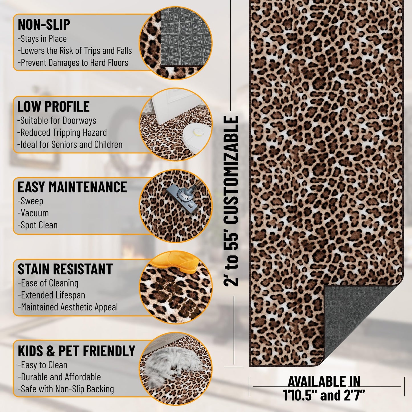 Ottomanson Kitchen Runner Rug 1'10.5" x 6' – Machine Washable Soft Non-Slip Rug, Quick Dry Low Pile Carpet for Kitchen, Bathroom & Entryway, Leopard Print Brown
