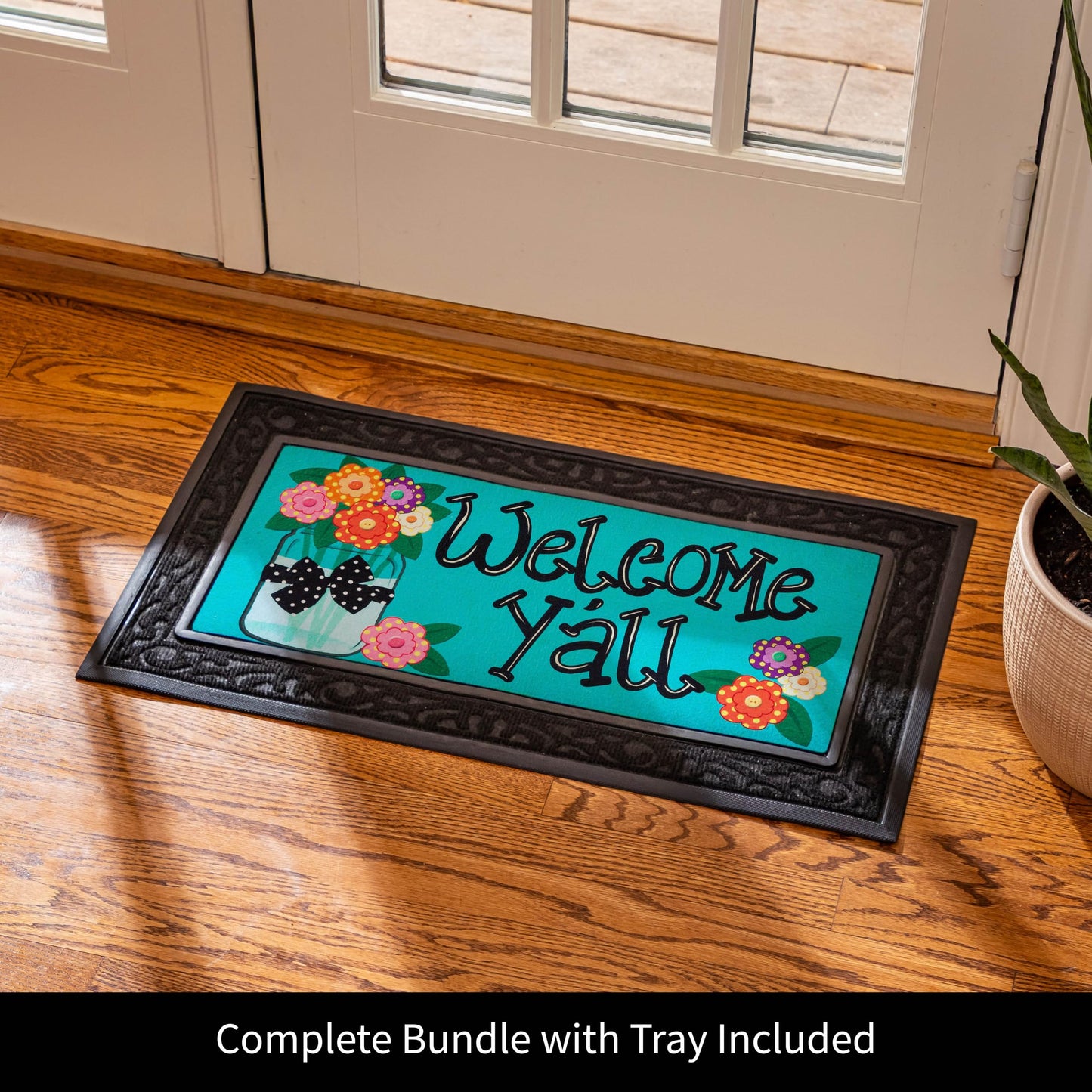 Evergreen Sassafras Doormat Insert Bundle & Tray Set of 5, Spring Summer Fall Winter Interchangeable Entrance Door mats Indoor and Outdoor Welcome Mat 30 x 18 Tray Non Slip Backing Low Profile