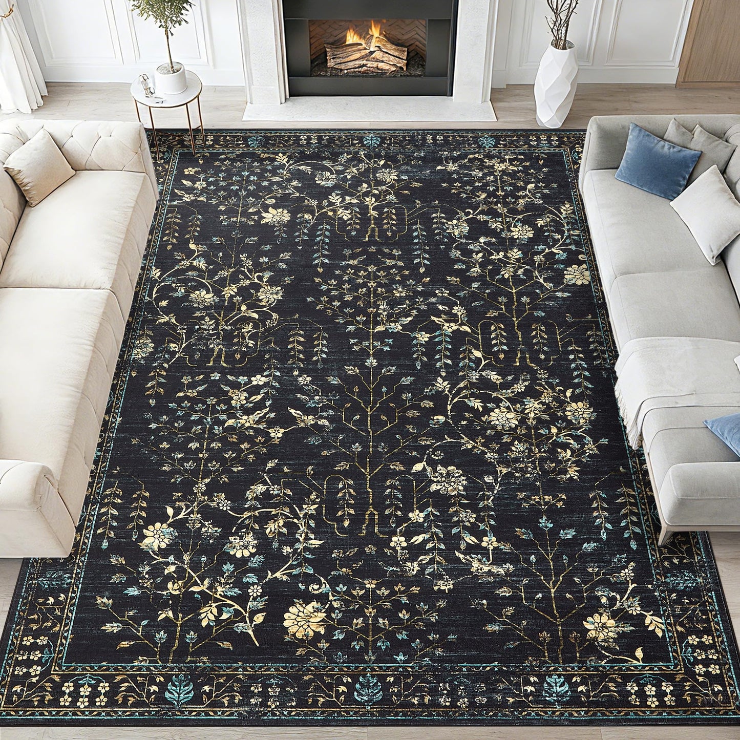 Garvee 9x12 Area Rug for Living Room, Vintage Retro Boho Rug, Washable Non Slip & Low Pile Carpet for Living Room, Bedroom, Dining Room, Black