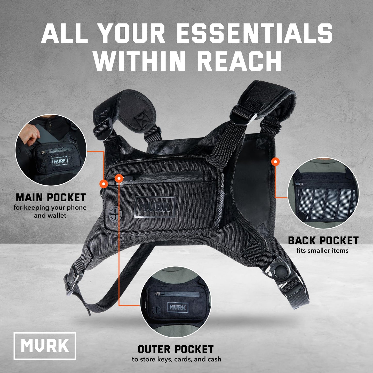 MVRK Water Resistant Chest Pack - Running Vest for Workouts, Running Phone Holder Extra Storage, Lightweight Running Pack