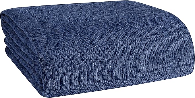 BELIZZI HOME 100% Cotton Bed Blanket, Breathable Thermal Blanket Full - Queen Size, Soft Chevron 90 inch x90 , Perfect for Layering Any All Season, Navy Blue