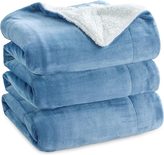 Bedsure GentleSoft Sherpa Fleece Blankets Queen Size for Bed - Thick and Warm Throw for Men, Soft Fuzzy Plush Queen Blanket for Winter, Washed Blue, 90x90 Inches