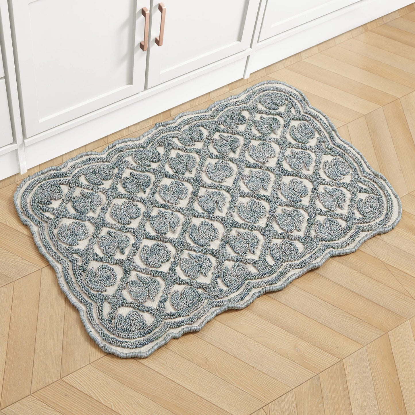 Laura Ashley Washable Scalloped 26" x 45" Teal Tulip Design Skid Resistant Accent Rug - Durable Cotton Blend Indoor Rug