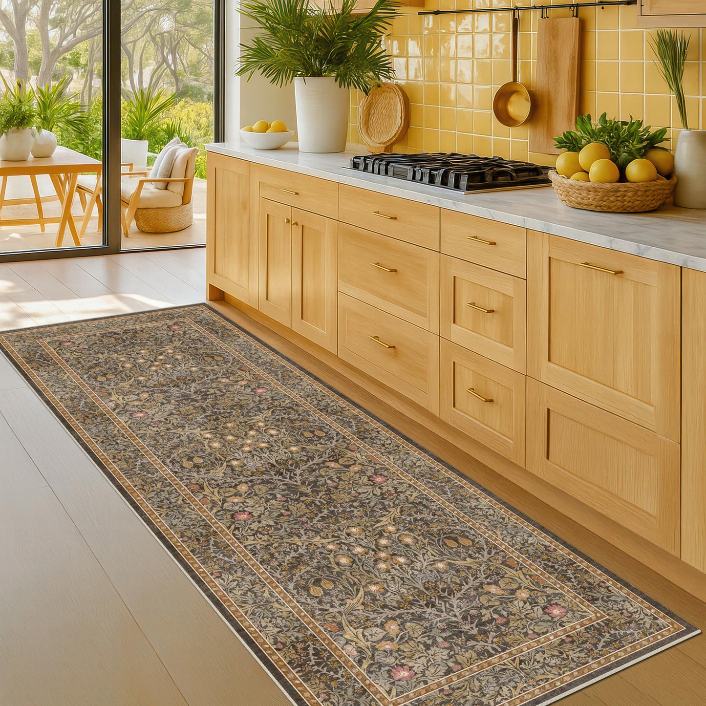Washable Runner Rug Non Slip 2x6, Gold Brown Runner Rug for Kitchen, Bathroom, Entryway, Hallway, Laundry Room, Bedroom Bedside, Vintage Floral Stain Resistant Soft Low Pile Carpet