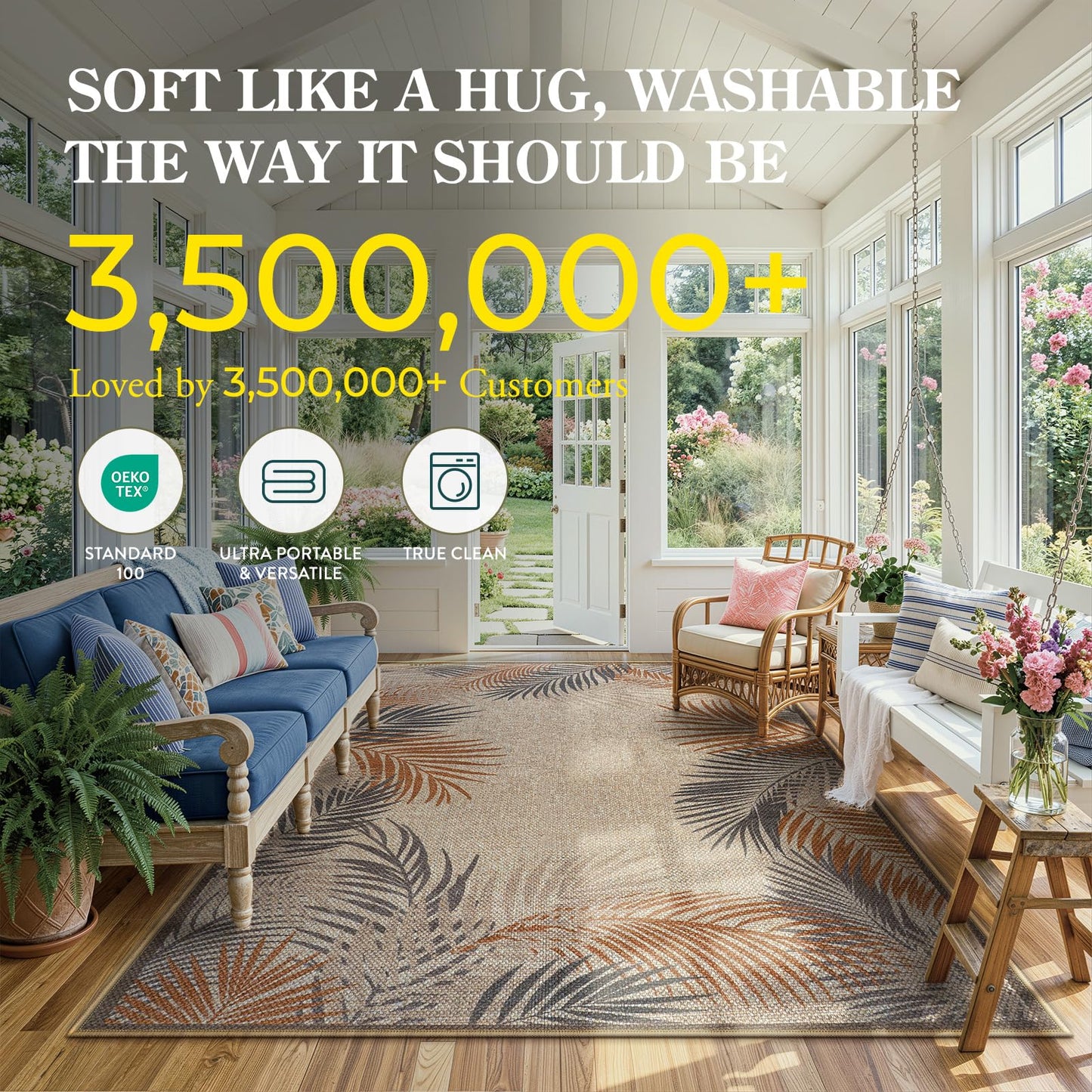 LIVEBOX Modern Easy Jute 5x7 Outdoor Rug, Washable Area Rugs for Living Room Patio Tropical Leaf Indoor Outdoor Rug, Boho Farmhouse Non Slip Carpet for Backyard Foyer Dining Room(Beige, 5'x7')
