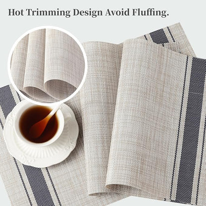 Leetaltree Khaki-Blue Placemats, Heat Resistant Non-Slip Place mats for Dining Table, Washable Durable PVC Vinyl Woven Table Mats (Set of 8)