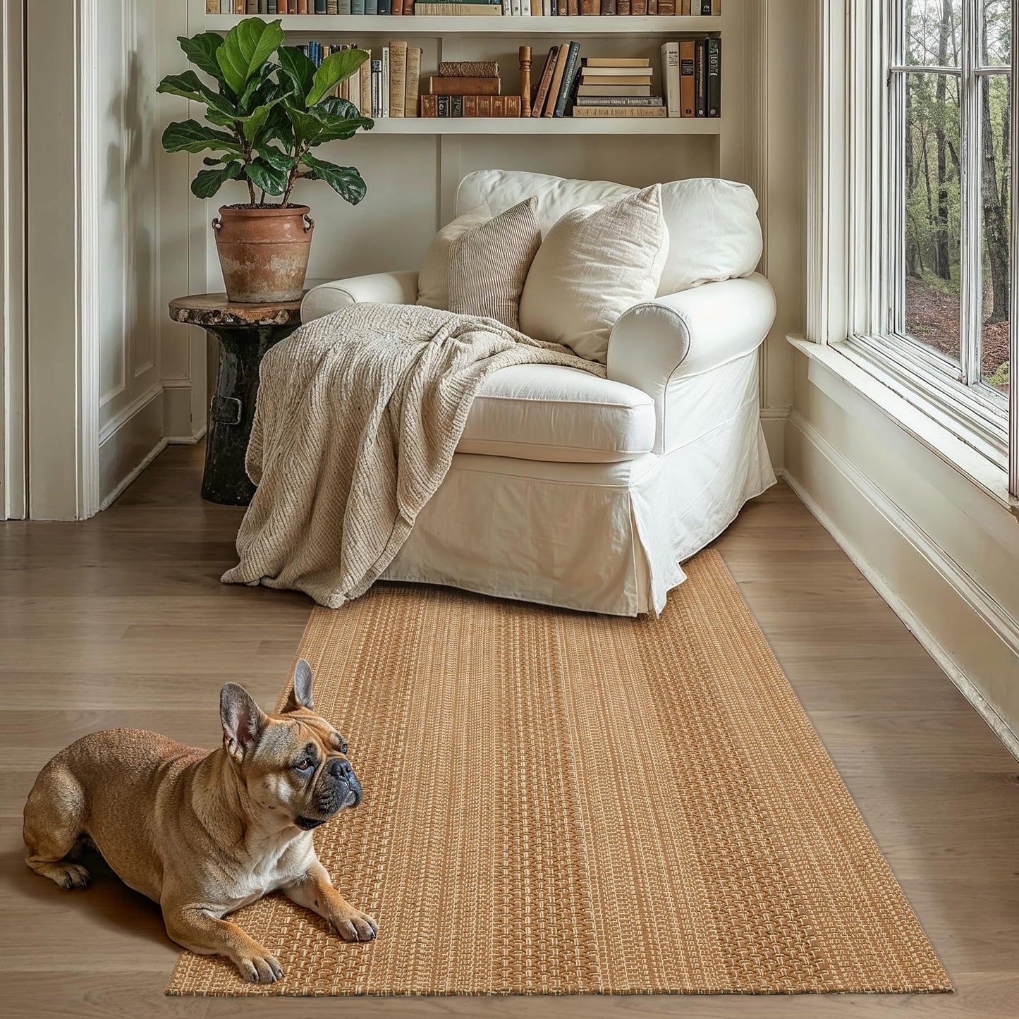 MatEssenz 3x5 ft Washable Area Rug, Textured Natural Woven Low-Profile Entryway Rug with Non-Slip Backing, Neutral Light Brown Accent Rug for Bedroom, Living Room