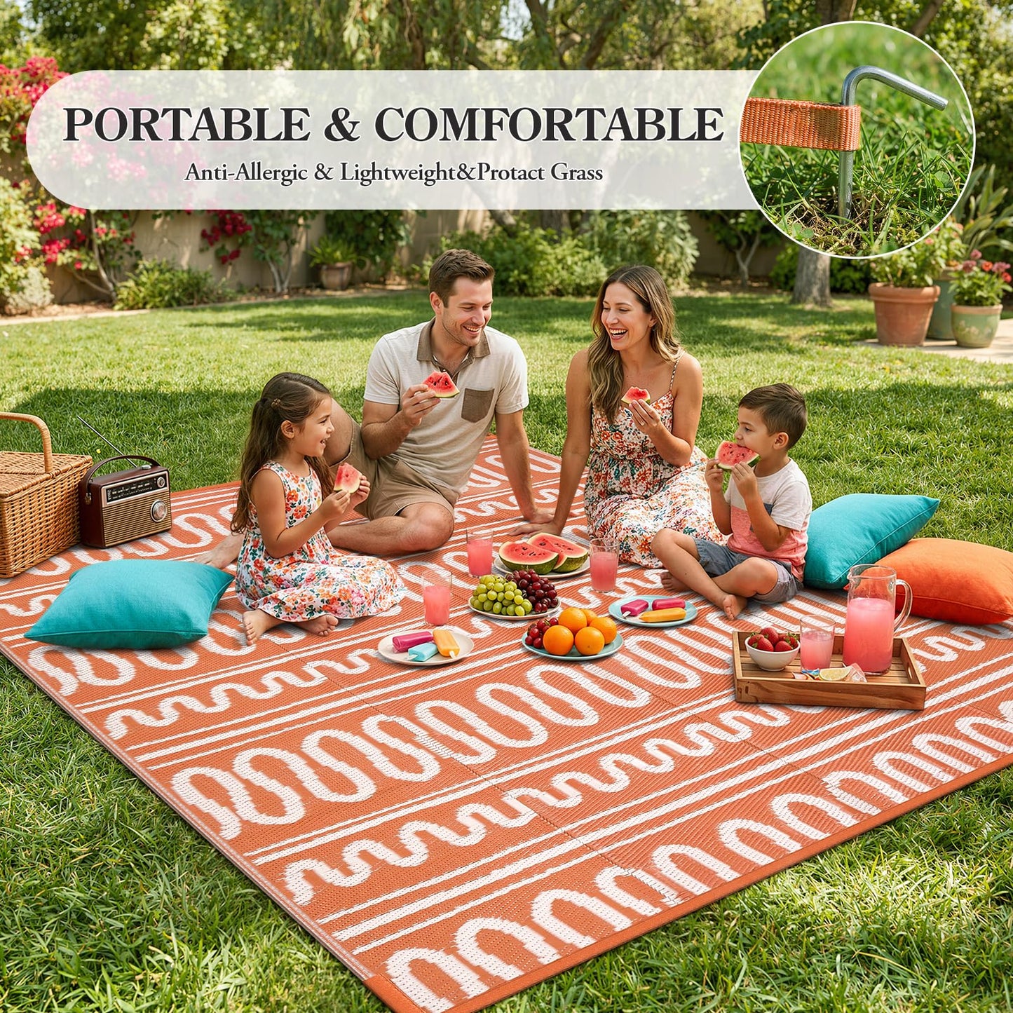 Beeiva Boho Outdoor Rug 8x10 Waterproof for Patio, Reversible Plastic Straw Rug for RV Camping, Deck, Balcony, Backyard, Orange