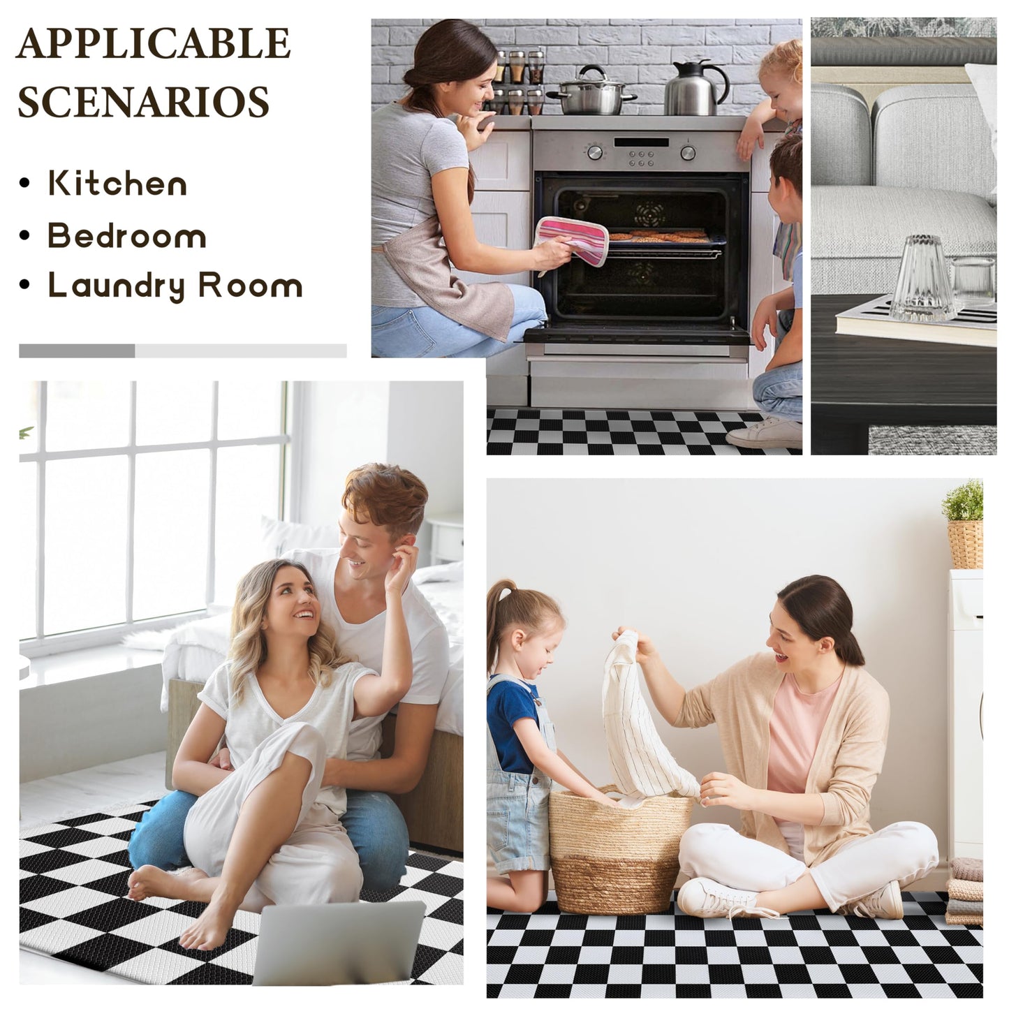 VivaNest Black Checkered Grid Checkerboard Kitchen Rug Sets [2 PCs], Anti-Fatigue, Waterproof Non-Slip Kitchen Mats Heavy Duty Ergonomic Comfort Foam Rug for Floor, Home, Laundry,17"x29"+17"x47"