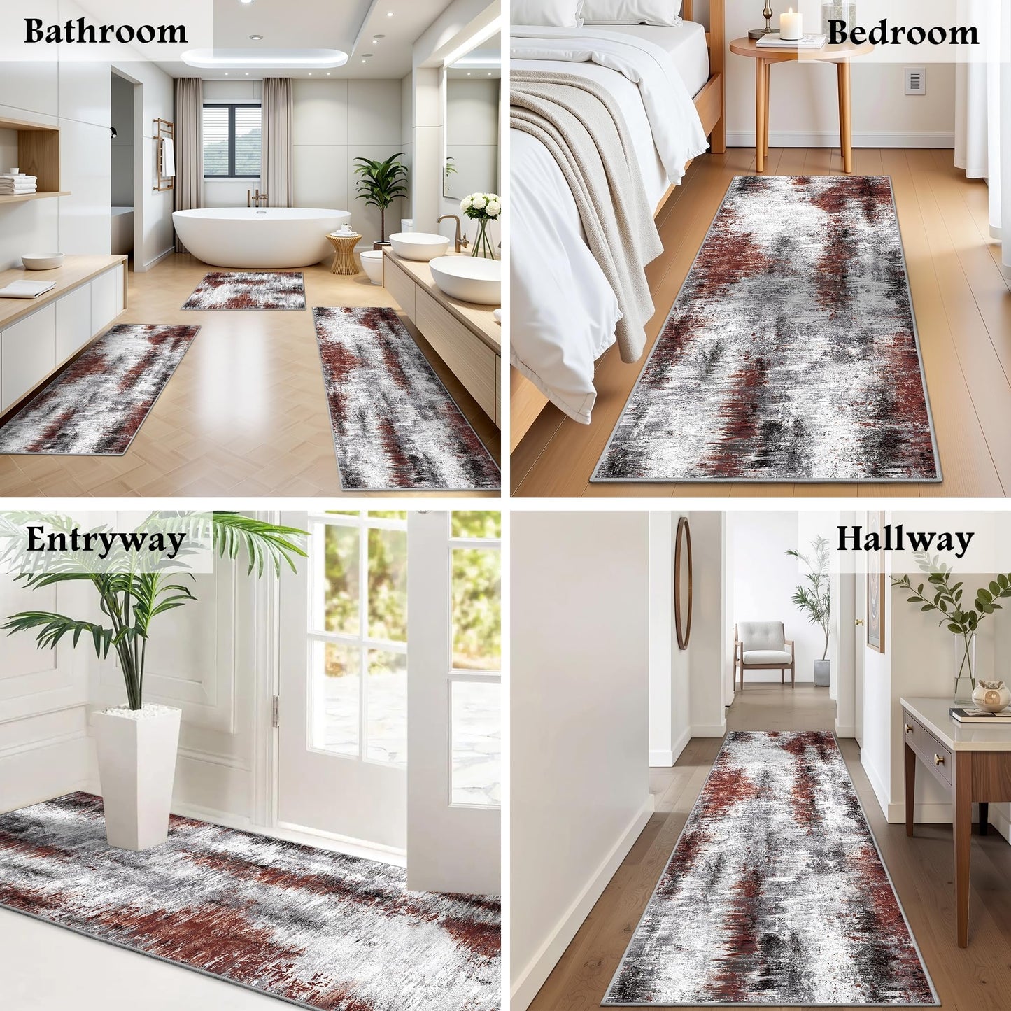 Tritard Upgrade Non Slip Kitchen Rugs Sets of 3 Washable Kitchen Mats for Floor Abstract Kitchen Runner Rug Soft Floor Mat Set Kitchen Carpet Rugs for Hallway, Laundry, Entryway, Office, Rust Red