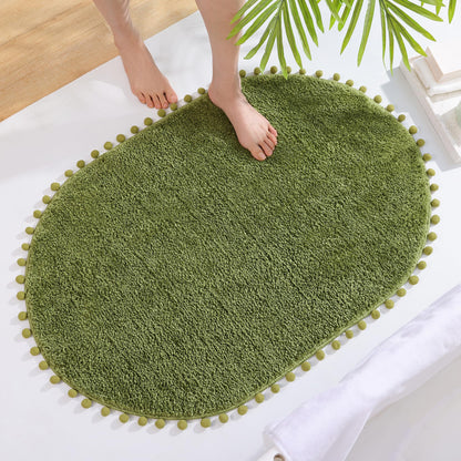 YIRDDEO Bath Mat Olive Green Oval Rug with Pom Bathroom Rugs for Bedroom Non Slip Cute Boho Absorbent Mats Soft Plush Washable Rug (24x36 inches)