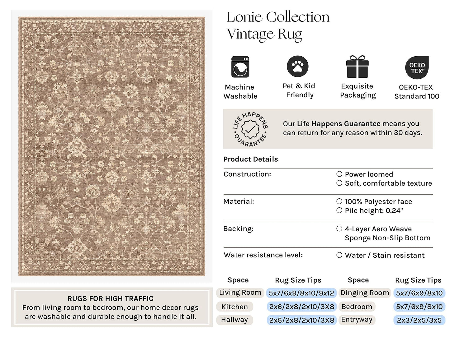 HUGEAR 6x9 Area Rugs for Living Room Washable Rug Carpet Brown Neutral Bedroom Rug Non Slip Soft Low Pile Retro Distressed Stain Resistant for Home Dining Room Office Farmhouse