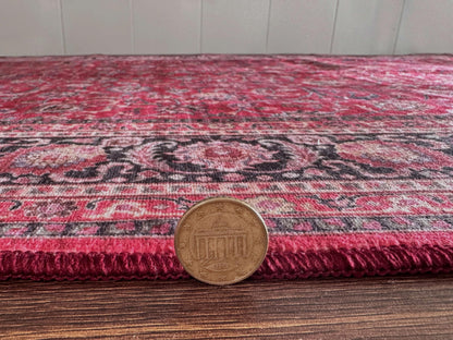GLN Rugs Traditional - Yildiz - Machine Washable Area Rug, Vintage Washable, Non Slip, Low Pile Area Rug, Entryway, Hallway, Kitchen Rug - Easy Clean (2' x 3' Dark Red)