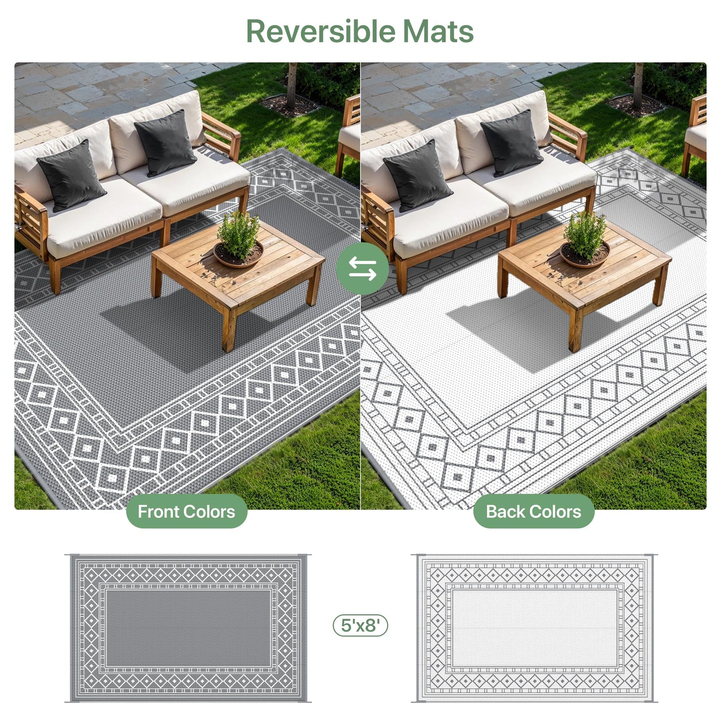 GENIMO Outdoor Rug Waterproof for Patio Decor, 5'x8' Reversible Plastic Straw Area Carpet, Camping Outside Mat for Outdoor, RV, Deck, Camper, Balcony,Picnic Grey & White