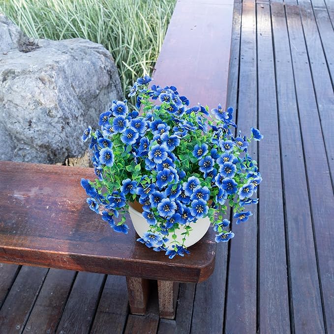 Outdoor Artificial Flowers, 8 Bundles Fake Flowers Autumn Decoration, No Fade Faux Plastic Shrubs for Garden Patio Porch Window Box Decor (Blue)
