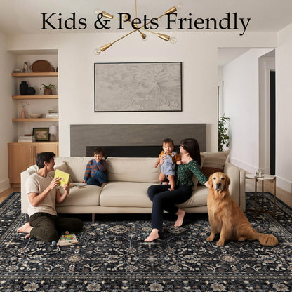 Ruaruarug Washable Area Rug 10x14 for Living Room, Bedroom, Ultra Soft Non Slip Stain & Fade Resistant, Pet & Kids Friendly, Suitable for High Traffic Areas Easy to Clean for Kitchen, Black Grey