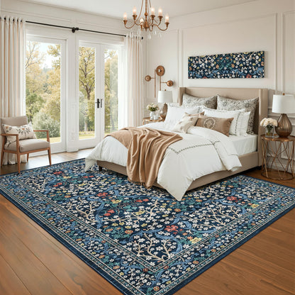 GarveeHome Floral Area Rugs 5x7, Dark Blue Washable Rug for Living Room, Bedroom, Low Pile Non Slip Stain Resistance Indoor Boho Carpet Mat for Farmhouse, Dining Room, Office