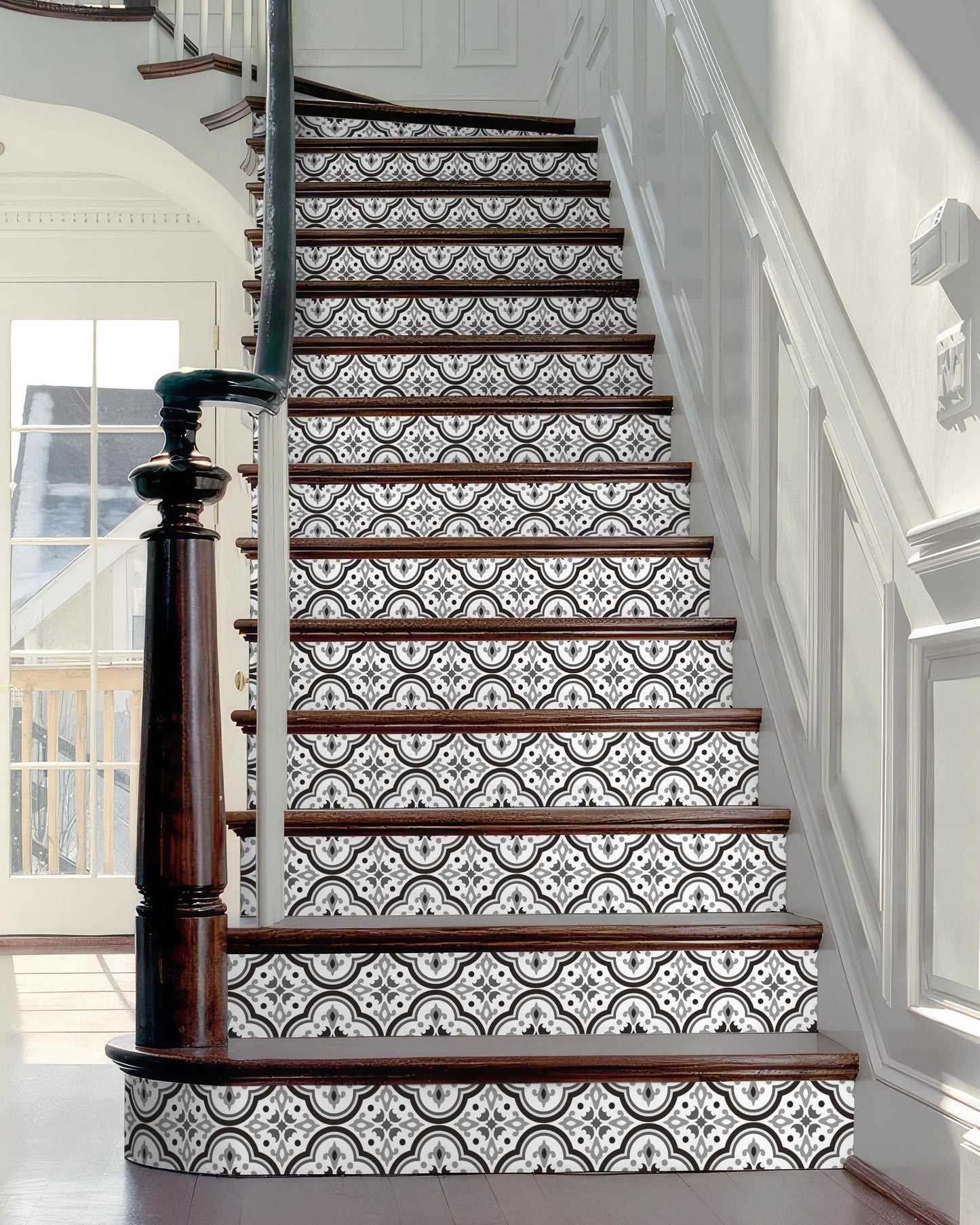 FLFK Black Patterns Stair Stickers - Set of 15, Peel and Stick Stair Riser Decals, 39.3"x7.08"