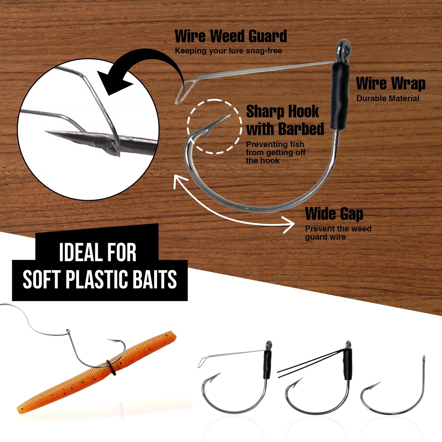 Reaction Tackle Wide Gap Wacky Hooks, Weedless Worm Hooks for Bass, High Carbon Steel Hooks for Stick Worm Soft Plastics, Neko Rig and Finesse Fishing - Size 2/0 Standard (25-Pack)