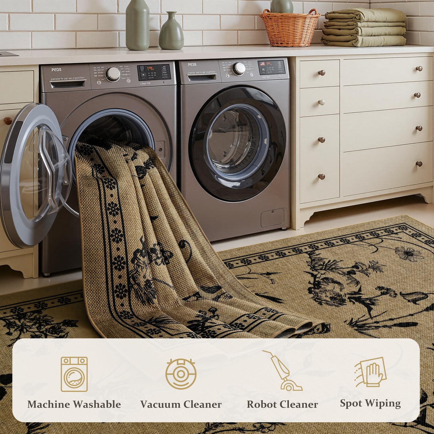 FALARK Easy Jute Area Rugs for Living Room, 5x7 Beige Botanical Sketch Thin Washable Rug, Non Slip Backing Indoor Outdoor Carpet for Bedroom Kitchen Office Backyard Patio Kids Room