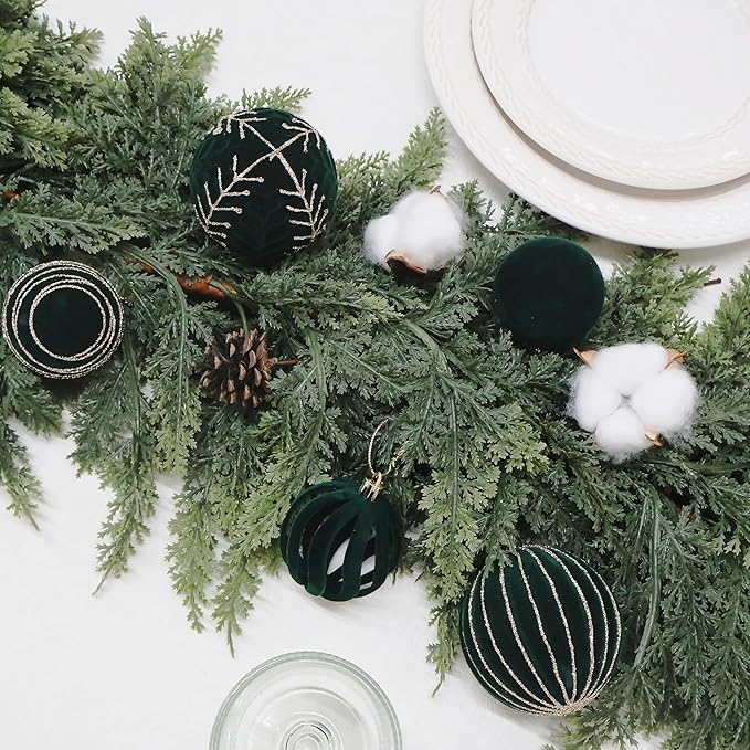 4inch Velvet Ornaments for Christmas Tree, 9PCS Glitter Flocked Christmas Ornaments Decorations Balls Set Decor Green