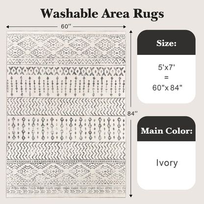 Art&Tuft Area Rug 5x7, Super Soft Ultra-Thin Moroccan Washable Rugs 5x7, Anti-Slip Backing Rugs for Living Room, Foldable Geometric Machine Washable Area Rug(5'x7', Ivory)