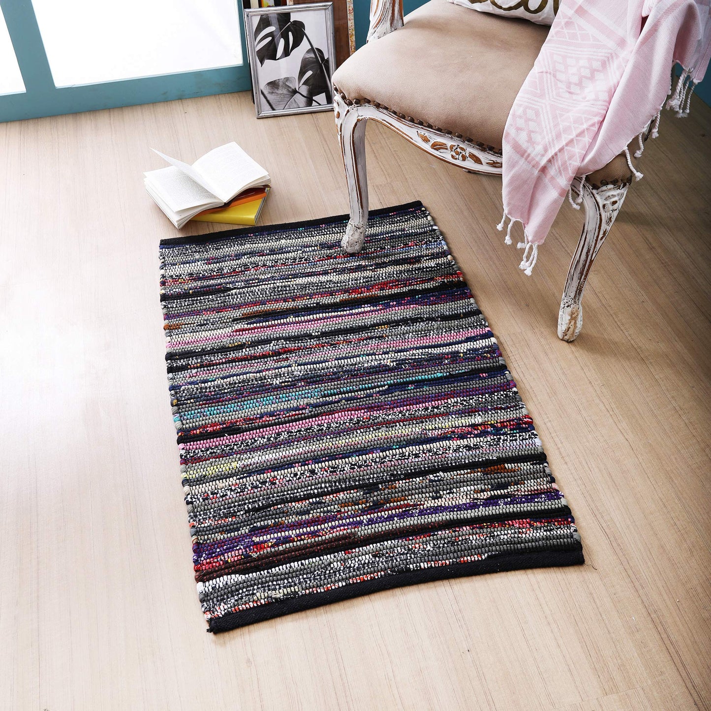 Ramanta Home 100% Cotton Chindi Hosiery Rug 24x36 Inch - Dark Multi, Farmhouse Reversible Soft Bohemeian Rugs Ideal for Entryways, Kitchen, Bedroom | Durable Lightweight Handmade Accent Doormat